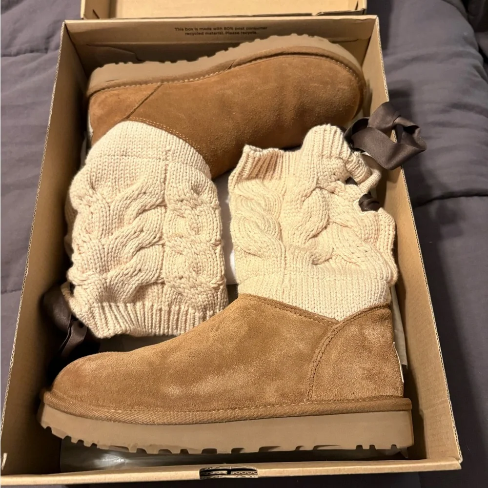 UGG Tan Boots with Cream Knit Cuffs - Picture 2 of 4
